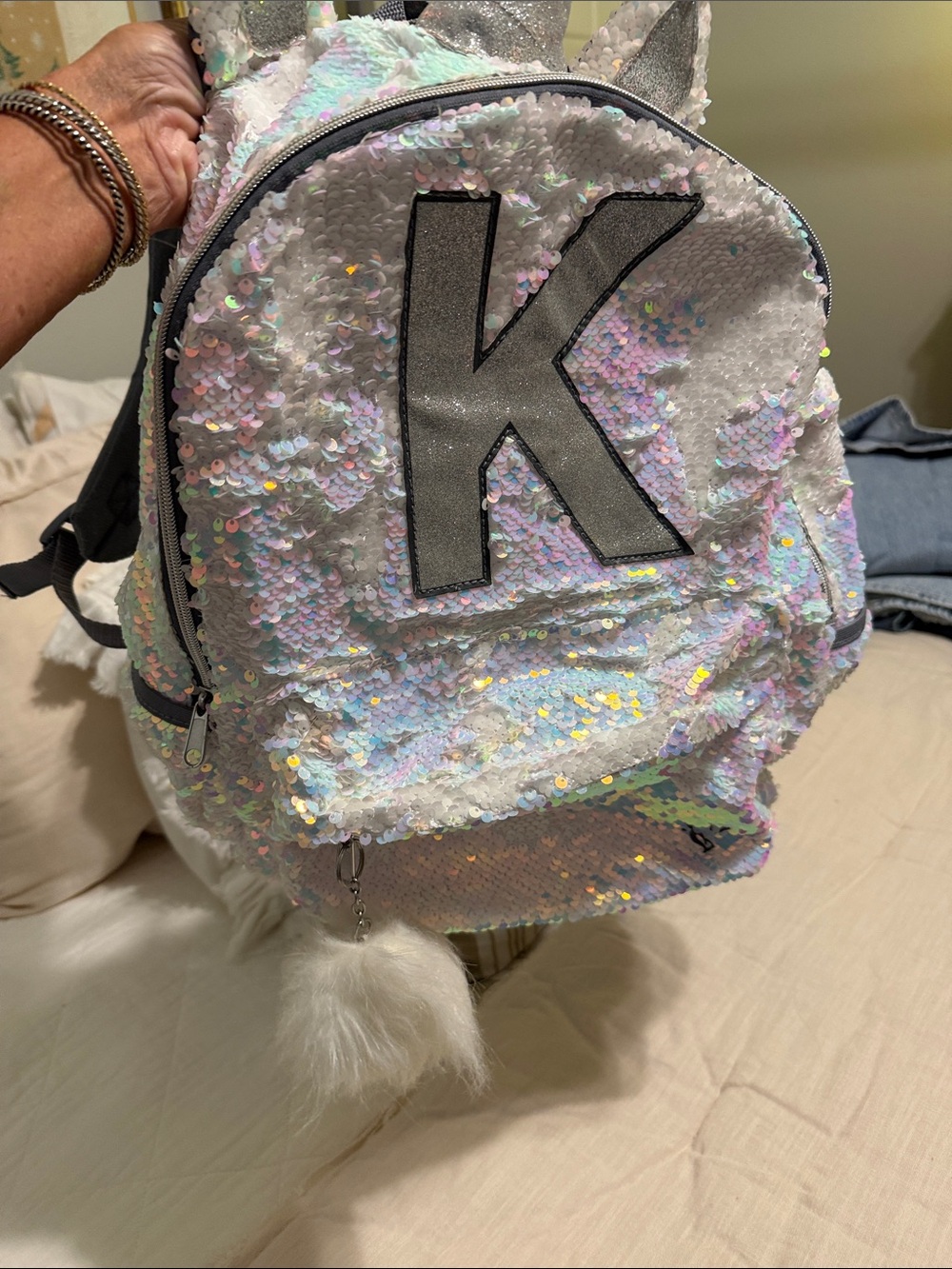 Justice Iridescent Sequin Backpack with 'K' Accent - White/Pastel